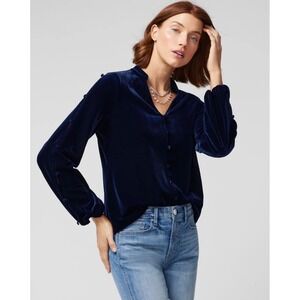 WHBM Long‎ Sleeve Navy Blue Velvet V-Neck Blouse Buttons Split Sleeve Women's S